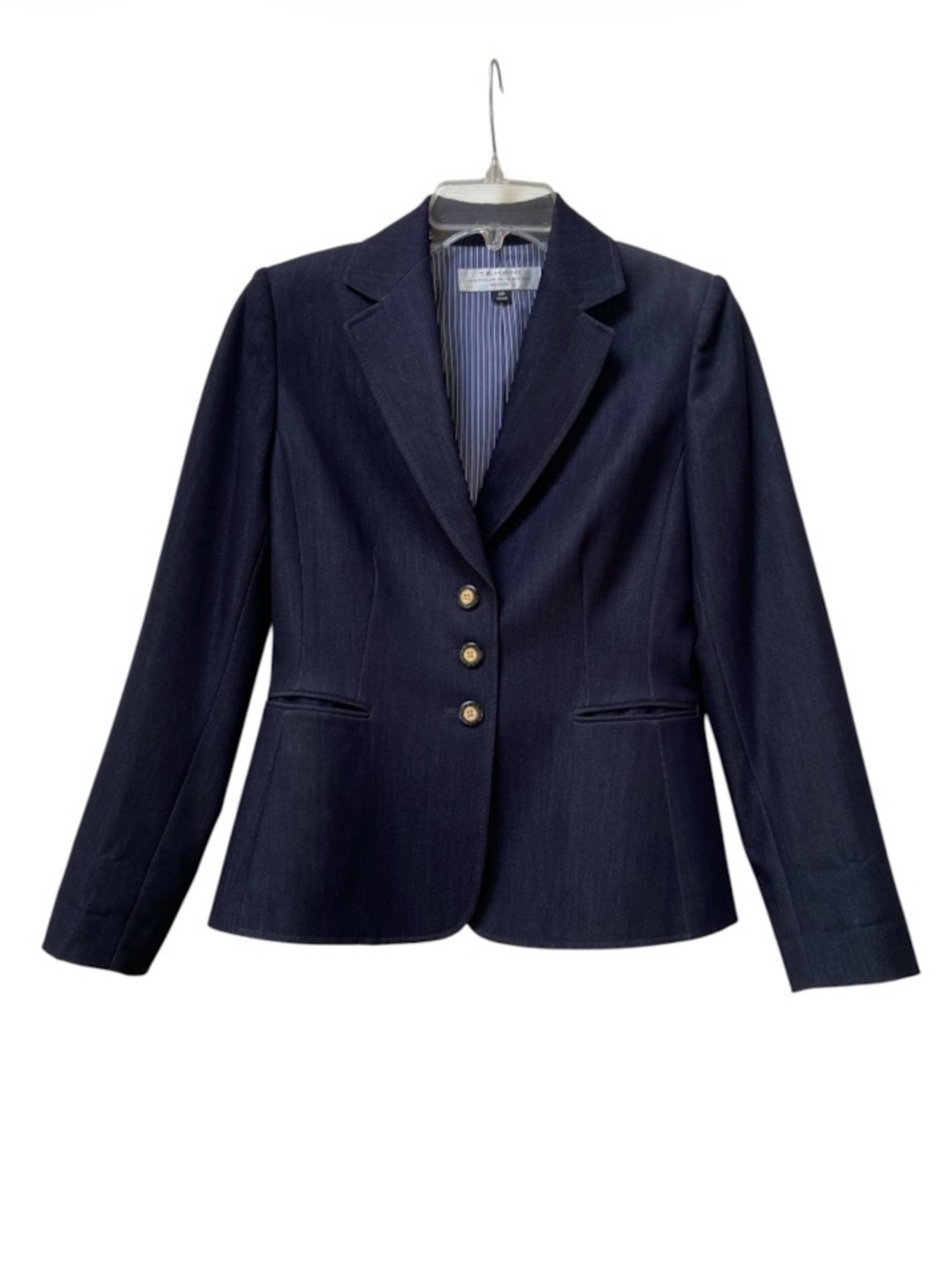 Tahari Petite Y2K Navy Blue Denim Look Blazer 3-Button Fitted Jacket 2P Preppy